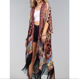 NWT Marigold Floral Finge Kimono With Side Slits